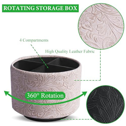 Round Leather Art Supply Organizer,Remote Control Holder,360 Degree Spinning,Multi-Functional Pencil Holder,4 Compartments Desktop Stationary Organizer(1-Carved White) - color: 1-Carved White