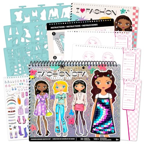Fashion Angels Fashion Design Sketch Portfolio | Includes 40 Sketch Sheets, 4 Stencil Sheets & Stickers, Fashion Sketch Pad for Beginners & Kids Ages 6+ - color: Fashion Design