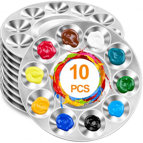 10 Pack Paint Tray Palettes, 6.7" Metal Paint Mixing Pallets, 10-Well Painting Palette, Washable Round Paint Holder Tray for DIY Craft Professional Watercolor Oil Art Painting Project, Silver