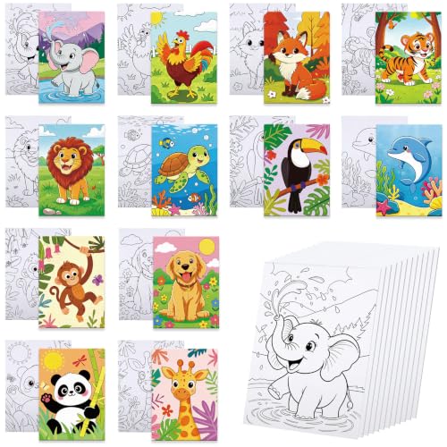 Anseal 12 Packs Pre Drawn Canvas to Paint, 5" X 7" Cute Animals Pre Printed Canvas for Painting, Pre Stretched Canvas Outline Painting Boards for Party Favor - style: Animals