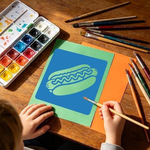 CUTHOLLOW 25PCS Food，Hamburgers, Desserts Painting Shape Stencils Sets - 8 Inch Reusable&Washable Drawing Template, Different Primary Themed Sidewalk Chalk Art Stencils Kit for Craft Room Wall Paper - style: Food Theme