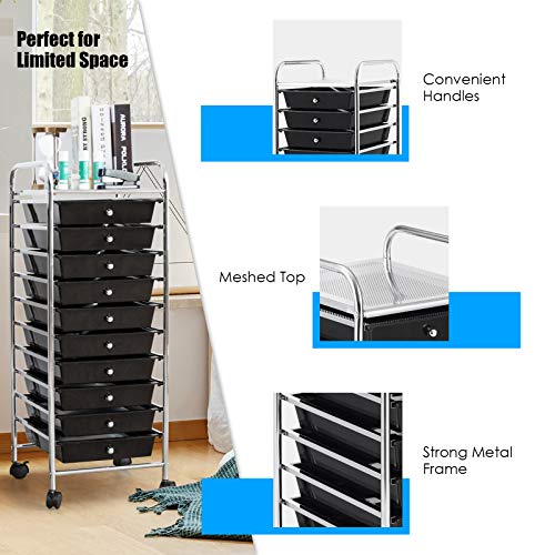 Happygrill 10-Drawer Storage Cart, Utility Cart with Removable Drawers & Metal Frame, Rolling Storage Cart with Lockable Wheels for Home, Office, Black - color: Black