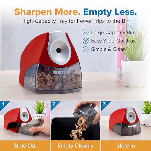 Bostitch Office Electric Pencil Sharpener for Classroom & Desk Use, Heavy-Duty Stall-Free Motor, High-Capacity Shavings Tray, Red - color: Red