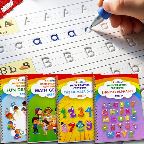 4 Pack Magic Practice Copybook for Kids Ages 3-8, Reusable Grooved Handwriting Workbooks with Disappearing Ink Pens - Workbook for Learning Drawing Math Skill Writing, Preschool Preparation | PREMIUM NON-BLEED PAPER | 10 REFILLS AND ERGONOMIC GRIPS | DYSG