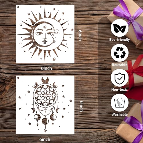 AFRITEE Moon Stencils for Painting on Wood - 12 Pieces Celestial Astrology Mysterious Sun Moon Dream suncatcher Reusable Plastic Painting Template, Boho Bohemia Tree of Life Stencil for Drawing - style: Bohemian Moon