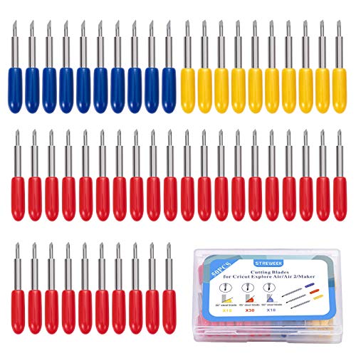 STREWEEK 50PCS Cutting Blades compatible for Cricut Explore Air/Air 2/Air 3/Maker 3, Fine Point Blades Consist of 10PCS 30°Shallow Cutting Blades,30PCS 45° Standard Blades and 10PCS 60° Deep Blades - color: 3 Color