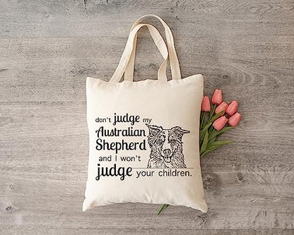 Pet Studio Art Don't Judge My Dog Tote Bag - color: Australian Shepherd