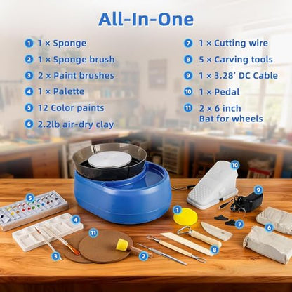 Pottery Wheel for Kids and Beginner - Upgraded Pottery Wheel with 6" Turntable with Two-Way Rotation, 2.2lb Clay, Art Supplies Sculpting Tools, Christmas Craft Gifts for Teens Kids Adults (Blue) - color: Blue 02
