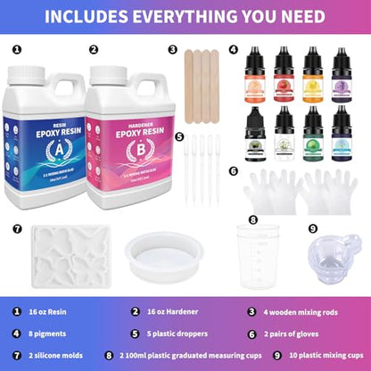 Minlebao Crystal Clear Epoxy Resin Kit 32oz, High Gloss Bubble-Free Coating & Casting for DIY Art, Jewelry Making, River Tables - 1:1 Ratio with Measuring, Silicone Mold and Usage Tools - size: 32OZ