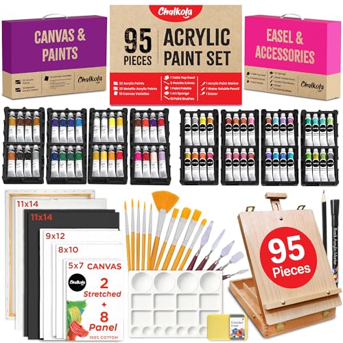 Chalkola 95 Pcs Acrylic Painting Kit for Adults Art - 64 Acrylic Paint Set | Wood Tabletop Easel, Canvas, Art Brushes, Palette, Knife - Professional Canvas Painting Supplies for Artists & Beginners - size: 95 Full Acrylic Set