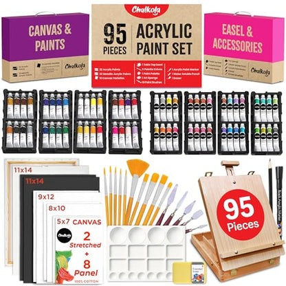 Chalkola 95 Pcs Acrylic Painting Kit for Adults Art - 64 Acrylic Paint Set | Wood Tabletop Easel, Canvas, Art Brushes, Palette, Knife - Professional Canvas Painting Supplies for Artists & Beginners - size: 95 Full Acrylic Set