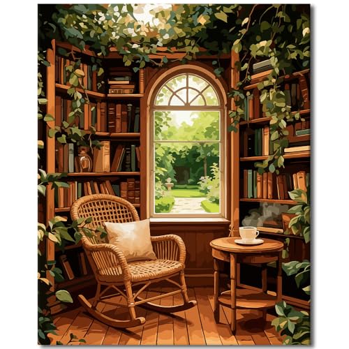 TUMOVO Paint by Numbers Kit for Adults Beginner Library Greenery Scene | Books and Plants, Premium DIY Art Canvas for Home Decor, DIY Gift for Adults and Relaxing DIY Craft, 16x20 Inch - color: Library