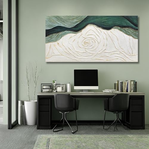 Dolidoteart Canvas Wall Art, Green Abstract Wall Art Print with Textured Hand-Painted Look, Sage Green Cream Gold Horizontal Artwork for Office Living Room Bedroom, 24x48 Inch - color: Green and White, size: 48"L x 24"W
