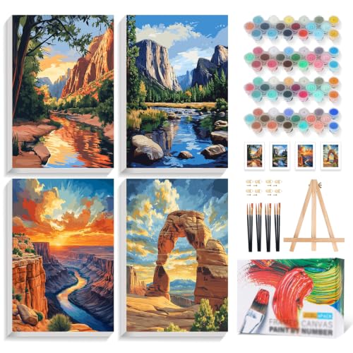 4 Pack Framed Paint by Numbers Kit for Adults National Park, Wooden Easel | With Frame, National Parks DIY Acrylic Painting, For Adults Beginner, Stress Relief Craft Kits, Home Wall Decor Gift, 8x12 IN - color: YOP4P01
