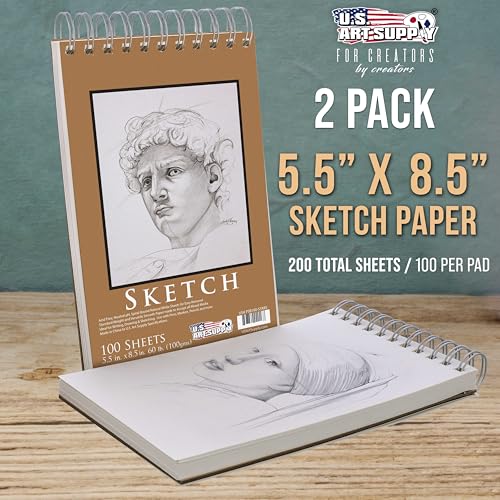 U.S. Art Supply 5.5"x8.5" Top Spiral Bound Sketch Book, 2 Pack, 100 Sheets Each, 60lb (100gsm), Acid-Free, Artist Sketchbook, Drawing Pad for Adults & Students - size: 5.5-x-8.5-inch
