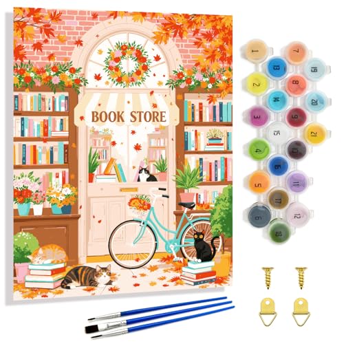 Yunnuo Paint by Numbers Kit for Adults Beginners,Book Shop Adult Paint by Number Kits on Canvas,Bookstore & Cats Number Painting,Perfect Choice for Decor and Gift(16X20 inch) - color: B-001-bookstore