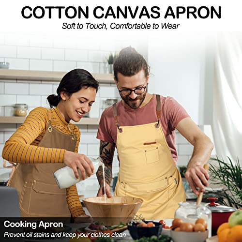 Genixart Chef Apron Men Women, Kitchen Aprons Cooking, BBQ - Brown, 6 Pack | Box Packed, Cotton Canvas, Cafe, Bar, Workshop, Restaurant, Water & Oil Stain Resistant, Cross Back Adjustable, Large Pockets - color: Brown, 6 Pack