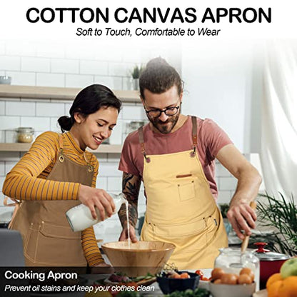 Genixart Chef Apron Men Women, Kitchen Aprons Cooking, BBQ - Brown, 6 Pack | Box Packed, Cotton Canvas, Cafe, Bar, Workshop, Restaurant, Water & Oil Stain Resistant, Cross Back Adjustable, Large Pockets - color: Brown, 6 Pack