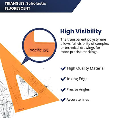 Pacific Arc's Scholastic Triangle - 10 inch - Fluorescent - 30/60 Angle - Polystyrene - Inking Edge - Technical Drawing Tools, Drafting, Architect and Engineering. - style: 10 inch, 30/60