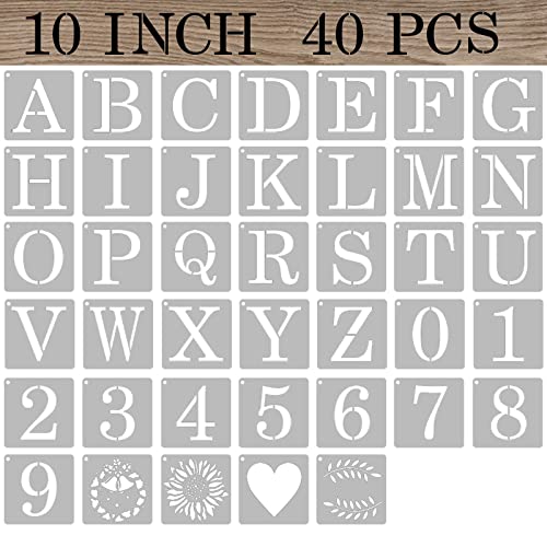 10 Inch Letter Stencils Numbers Craft Stencils, 40 Pcs Reusable Plastic Alphabet Drawing Templates for Painting on Wood, Wall, Fabric, Rock, Signage, Door Porch - size: 10 Inch