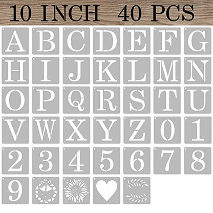 10 Inch Letter Stencils Numbers Craft Stencils, 40 Pcs Reusable Plastic Alphabet Drawing Templates for Painting on Wood, Wall, Fabric, Rock, Signage, Door Porch - size: 10 Inch
