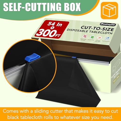 RowinsyDD 54 in X 100 FT Black Plastic Table Cover Roll with Slide Cutter | Disposable Plastic Table Cloths,Disposable Table Cloths Disposable for Dinning, Parties, BBQ, Wedding, Birthdays, Outdoor - color: Black, size: 3600" x 54" (Rectangular)
