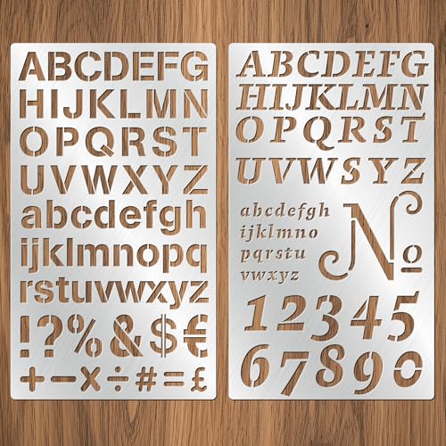 2PCS Stainless Steel Stencils Set for Engraving,Wood Burning - Reusable Alphabet Number Font Templates with Decorative Patterns for Metal,Wood,Leather,Glass,Journaling DIY Crafts (4x7 Inch) - size: 2PCS Alphabet Number Stencils