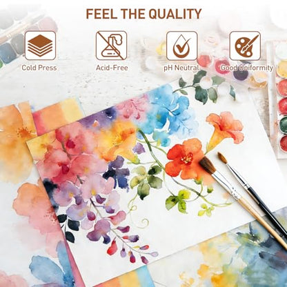 MAXECHO 20 Sheets Cold Press Watercolor Paper, 9" x 12" Cotton Water Color Drawing Paper, 140lb/300gsm Loose Acrylic Painting Artist Sketch Sheets, Art Supplies for Adults, Watercolor Paint Set