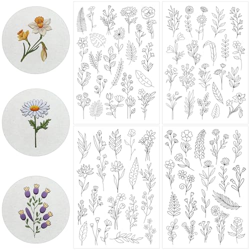 Water Soluble Stabilizer Embroidery Pattern - Leaf Stick & Stitch Embroidery Paper Wash Away, Flower Hand Sewing Patterns for T-Shirt Bag Towel (4 Sheets) - style: Leaf140