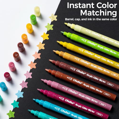 Ohuhu Acrylic Glitter Markers 24 Colors Fine Tip for Painting Coloring | AP Certified Glitter Paint Pens for Fine Details & Shimmer Accents, Water-Based & Quick Dry, for Crafts Cards Journaling - color: 24 Colors, size: Extra Fine Tip 0.7mm