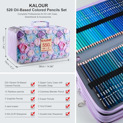 KALOUR PDAS Pro 550 Colored Pencils Set for Adults, Professional Colored Pencils for Artists, Soft Core Premium Coloring Pencils for Adult Coloring Books, Drawing, Sketching, Art Supplies with Case