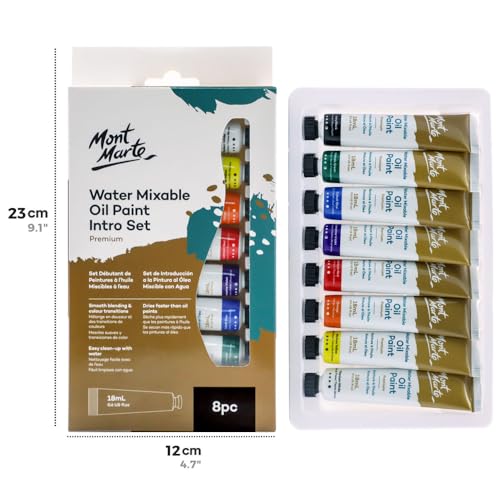 Mont Marte Oil Paint Set Water Mixable 8x18ml, Titanium White,Mid Yellow,Orange,Cadmium Red,Phthalo Green,Cobalt Blue,Ultramarine Violet,Ivory Black