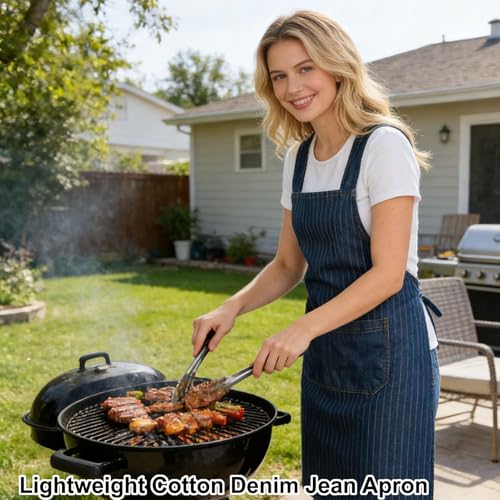 Denim Cross Back Aprons for Women with Front Pockets | Lightweight Cotton Adult Apron, Kitchen Cooking, Gardening, Painting, Pottery & Crafting, Durable & Stain-Resistant - color: Stripe