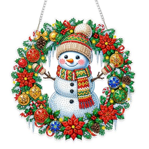 Eiflow Acrylic Christmas Diamond Art Hanging Kit for Adults, DIY Diamonds Painting Door Hanger Ornament Kit Snowman Wreath Crystal Diamond Art Painting Wall Window Hanging Pendant - color: Christmas Wreath