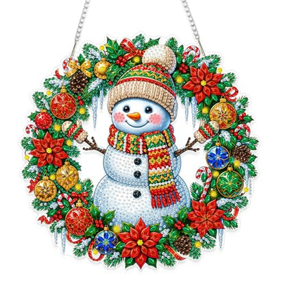 Eiflow Acrylic Christmas Diamond Art Hanging Kit for Adults, DIY Diamonds Painting Door Hanger Ornament Kit Snowman Wreath Crystal Diamond Art Painting Wall Window Hanging Pendant - color: Christmas Wreath