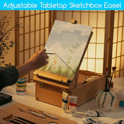 MEEDEN Large Tabletop Easel Sketchbox, Adjustable Solid Beech Wood Desktop Easel Box, Travel Easel for Artists, Table Top easels for Painting, Wooden Art Storage Box for Artist, Adults & Beginners