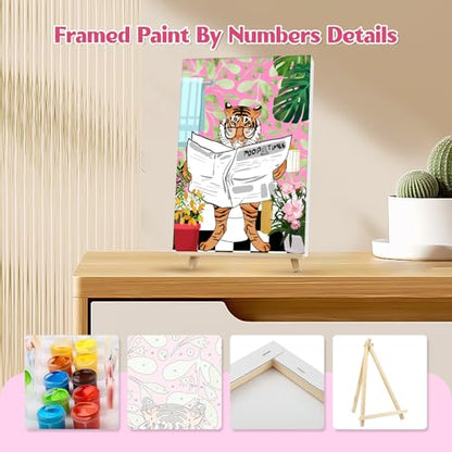 GHHKUD 4Pack Framed Paint by Numbers Animals, for Adults Kids, DIY Animals on The Toilet Read News Painting by Numbers with Frame Wooden Holder,Art on Canvas Gifts Home Wall Decor 20x30cm
