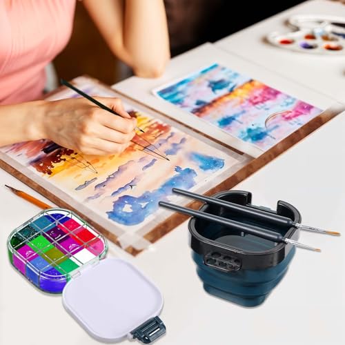 2 PCS Airtight Paint Saver Storage Palette Box, 16 Well Palette Box with Lid, Include Paint Brush Basin, Perfect for Gouache, Acrylic, Watercolor and Oil Painting (Blue, Black)