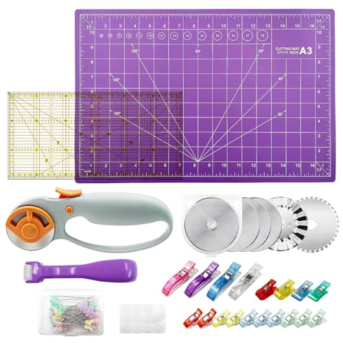 Daily Treasures 45mm Rotary Cutter Set with 5pcs Blades (Straight,Wave,Dot), No Constant Pressing Steel Rotary Fabric Cutter, Sewing Supplies Kit Includes A3 Cutting Mat, Acrylic Ruler, Seam Roller