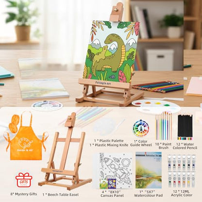 Kids Tabletop Easel Set, Portable Art Easel Painting Kits | 52 Pcs Wooden Easel for Painting Canvases, Including 12 Colors Acrylic Paints, 10 Paintbrushes and 4 Canvas Panels, Yellow - color: Yellow