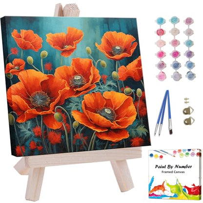 Artunion Framed Paint by Numbers Kit for Adults Beginners & Kids Ages 8-12,Red Poppy Paint by Number with Frame,Flower Adult Paint by Numbers Kit on Canvas 10 * 10 Inch Without Easel - color: ZXT-188-F