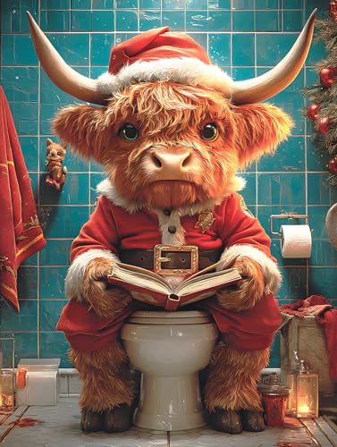 Ohhvvow Diamond Painting Kit - Highland Cow Christmas Toilet Reader, Whimsical Bathroom Art, 5D Full Drill Round Diamonds & Tools, Holiday DIY Craft Gift for Women Men - color: Cow on the toilet