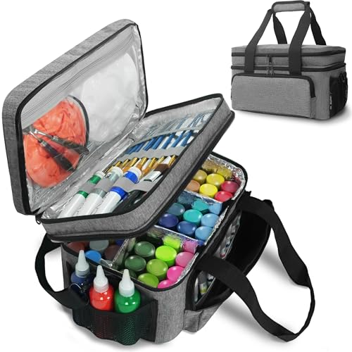 Acrylic Paint Organizer Bag, Holds 54 (2 oz) Bottles | Art Supply Storage Case with Handle and Shoulder Strap, Durable Fabric, Brush Pocket, Palette Board, Grey