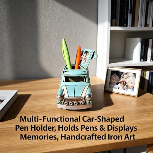 Handmade Wrought Iron Car Model Pen Holder Collectible Decorative | Metal Car Pencil Case with Photo Frame | Multi Purpose Storage Box | Desk Office Supplies | Car Shape Pen Kolder| Gift