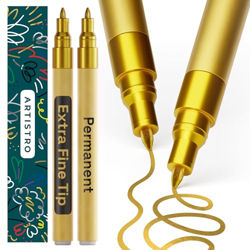 ARTISTRO 2 Gold Permanent Marker - Waterproof Markers for Tire, Fabric, Rocks, Glass, Ceramic, Wood, Paper - Oil Based Metallic Paint Pens - Extra-Fine Tip 0.7mm - color: Gold, style: Extra Fine Tip