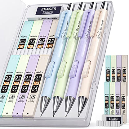Nicpro Pastel Mechanical Pencil Set, 0.7mm Cute Pencils, Fast Click, 4 Pack | Mechanical Pencils Bulk, 8 Tubes HB Lead Refills, Erasers+9 Refills, Storage Case, for School Writing Drawing Note Taking - style: 4PCS-0.7mm