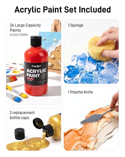 JusArt 24 Colors Acrylic Paint Set, Including Gold and Silver, 8.45oz(250ml) Large Bottles Adult Artist Paints for Canvas, Crafts, Mural, Rocks, Clay, Fabric, Wood - color: New 24 Colors (8.45oz)