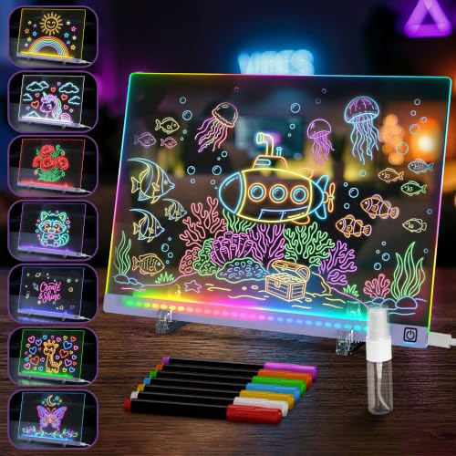 LED Drawing Board with USB-C Power – 16 Inch Acrylic Light Board for Tracing with Edge-Lit Color-Changing Glow, 7 LED Colors, 6 Light Modes – Plug-and-Use Kit with Markers, Stands, Gift Box (Blue) - style: Style Blue