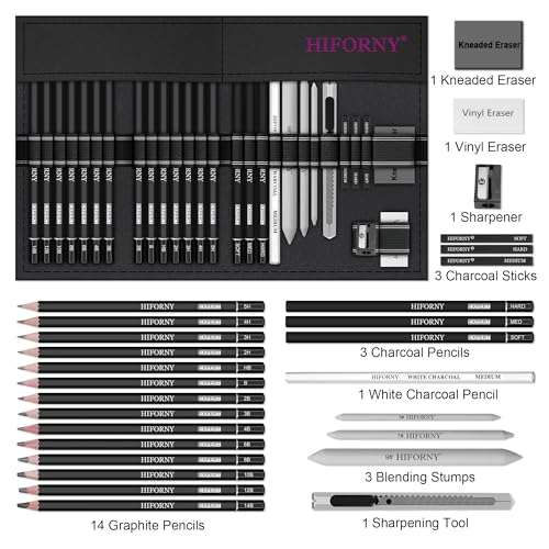 HIFORNY 28 PCS Sketching Drawing Pencil Set,Sketch Pencils Art Supplies with Graphite,Charcoal,Blending Tools,Accessories,Drawing Kit for Adults Artists in Canvas Roll Up Case