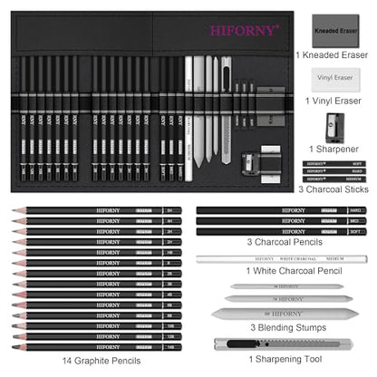 HIFORNY 28 PCS Sketching Drawing Pencil Set,Sketch Pencils Art Supplies with Graphite,Charcoal,Blending Tools,Accessories,Drawing Kit for Adults Artists in Canvas Roll Up Case